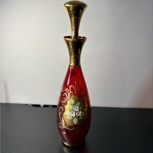 Vtg Ruby Red Glass Decanter Floral Design Gold Overlay and Stopper 11.5” Tall